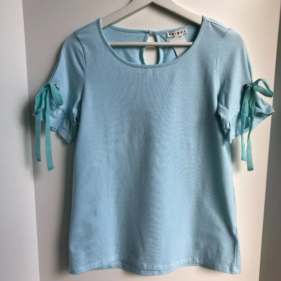 Tribal Short Sleeve Scoop Neck Stripped Top Ruffle Design Blue Aqua Sz S NWT - Picture 6 of 9